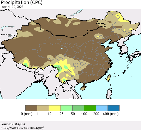 China and Taiwan Precipitation (CPC) Thematic Map For 4/4/2022 - 4/10/2022