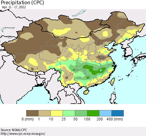 China and Taiwan Precipitation (CPC) Thematic Map For 4/11/2022 - 4/17/2022