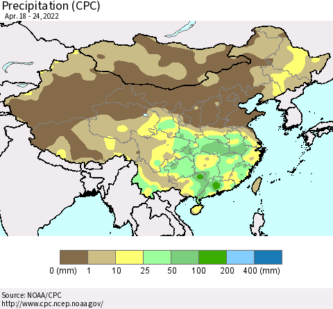 China and Taiwan Precipitation (CPC) Thematic Map For 4/18/2022 - 4/24/2022