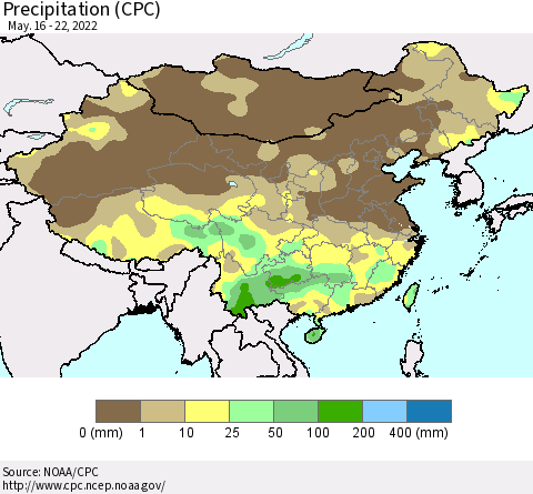China, Mongolia and Taiwan Precipitation (CPC) Thematic Map For 5/16/2022 - 5/22/2022