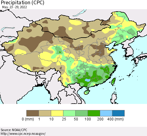 China and Taiwan Precipitation (CPC) Thematic Map For 5/23/2022 - 5/29/2022