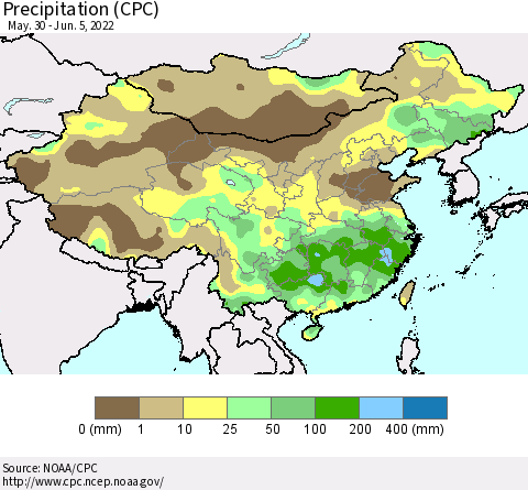 China and Taiwan Precipitation (CPC) Thematic Map For 5/30/2022 - 6/5/2022