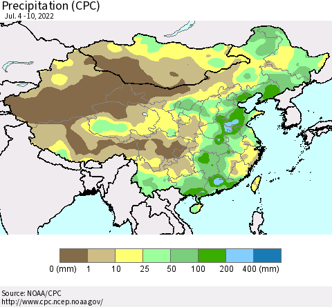 China, Mongolia and Taiwan Precipitation (CPC) Thematic Map For 7/4/2022 - 7/10/2022