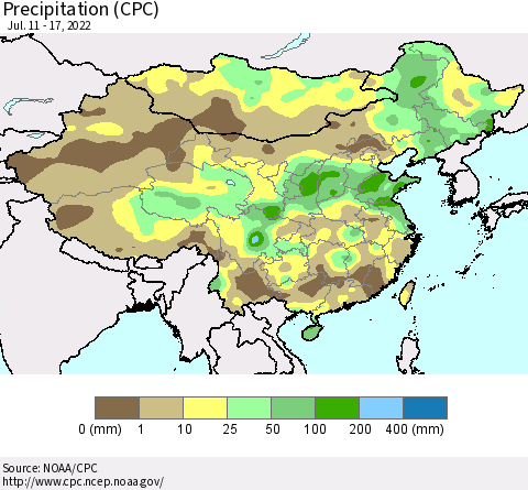 China, Mongolia and Taiwan Precipitation (CPC) Thematic Map For 7/11/2022 - 7/17/2022