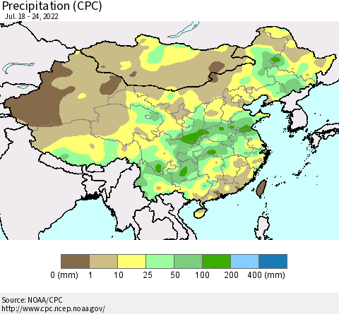 China, Mongolia and Taiwan Precipitation (CPC) Thematic Map For 7/18/2022 - 7/24/2022