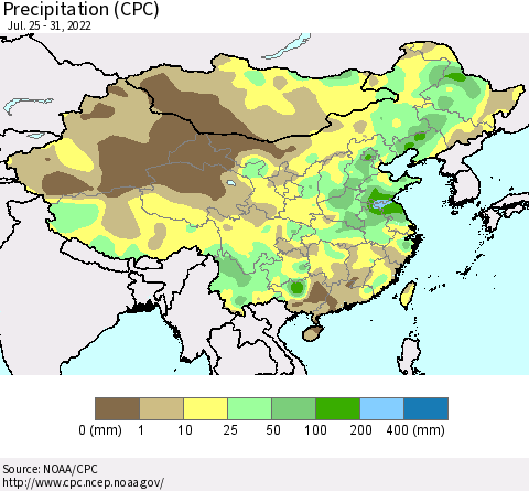 China, Mongolia and Taiwan Precipitation (CPC) Thematic Map For 7/25/2022 - 7/31/2022