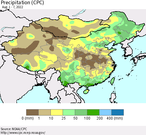 China, Mongolia and Taiwan Precipitation (CPC) Thematic Map For 8/1/2022 - 8/7/2022