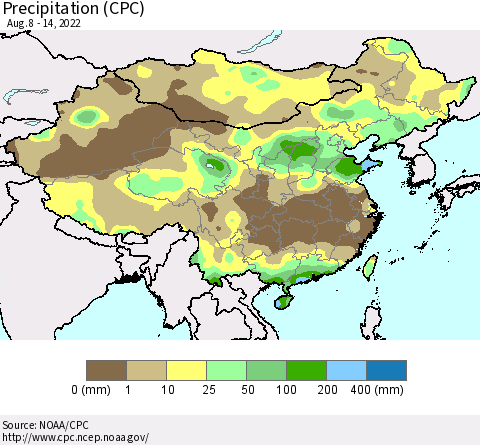 China, Mongolia and Taiwan Precipitation (CPC) Thematic Map For 8/8/2022 - 8/14/2022