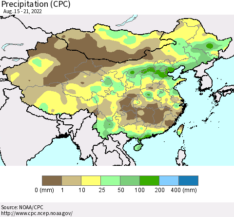 China, Mongolia and Taiwan Precipitation (CPC) Thematic Map For 8/15/2022 - 8/21/2022