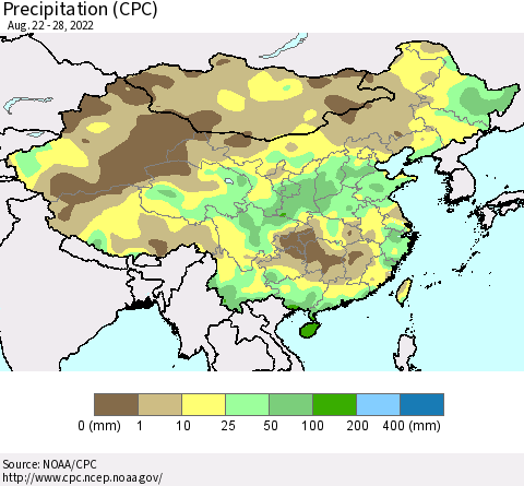 China, Mongolia and Taiwan Precipitation (CPC) Thematic Map For 8/22/2022 - 8/28/2022