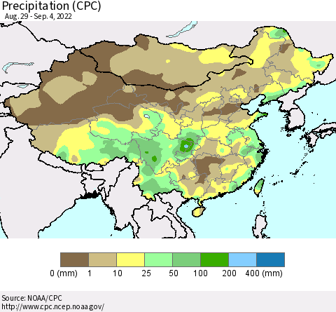 China, Mongolia and Taiwan Precipitation (CPC) Thematic Map For 8/29/2022 - 9/4/2022