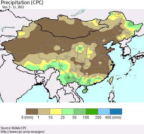 China, Mongolia and Taiwan Precipitation (CPC) Thematic Map For 9/5/2022 - 9/11/2022