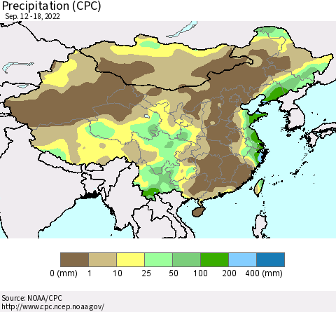 China, Mongolia and Taiwan Precipitation (CPC) Thematic Map For 9/12/2022 - 9/18/2022
