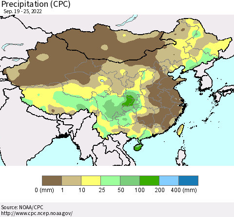China, Mongolia and Taiwan Precipitation (CPC) Thematic Map For 9/19/2022 - 9/25/2022