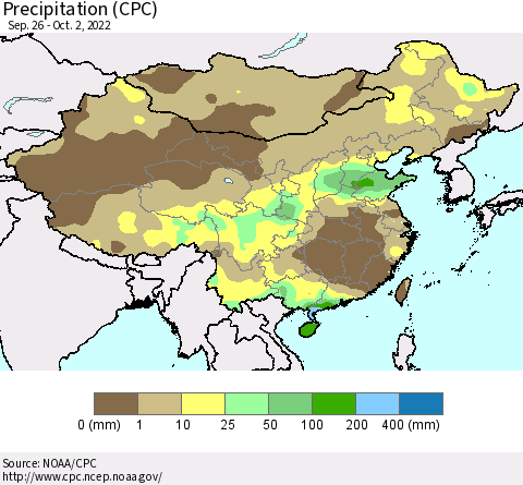 China, Mongolia and Taiwan Precipitation (CPC) Thematic Map For 9/26/2022 - 10/2/2022