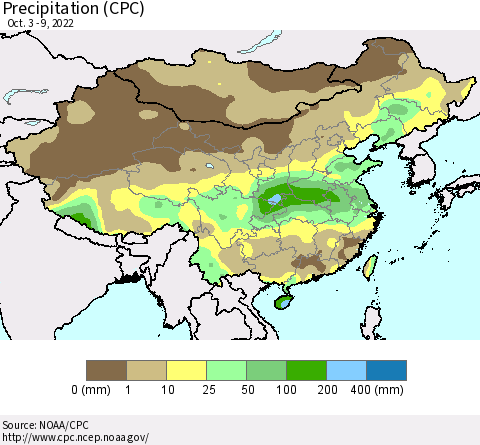 China, Mongolia and Taiwan Precipitation (CPC) Thematic Map For 10/3/2022 - 10/9/2022