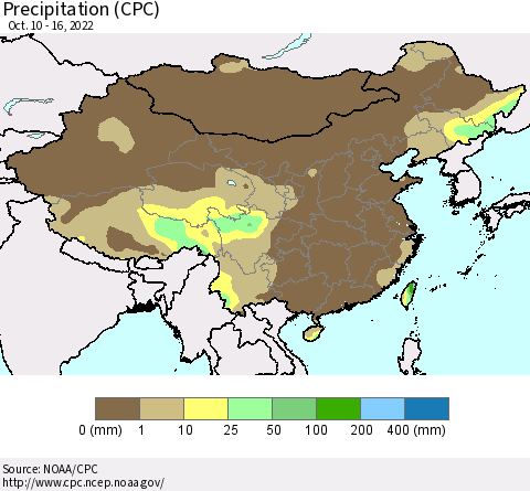 China, Mongolia and Taiwan Precipitation (CPC) Thematic Map For 10/10/2022 - 10/16/2022