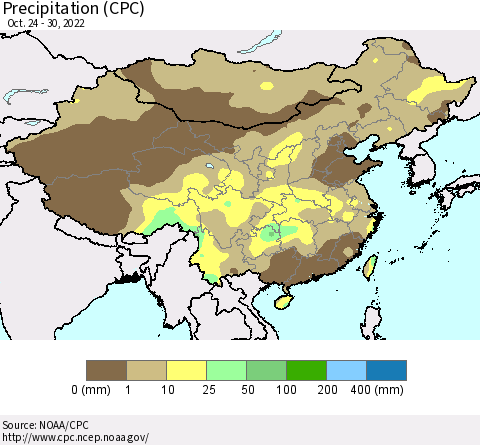 China, Mongolia and Taiwan Precipitation (CPC) Thematic Map For 10/24/2022 - 10/30/2022