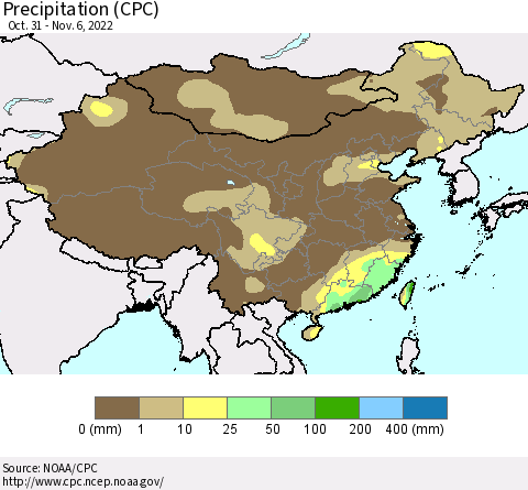 China, Mongolia and Taiwan Precipitation (CPC) Thematic Map For 10/31/2022 - 11/6/2022