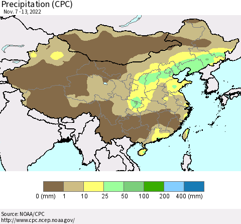 China, Mongolia and Taiwan Precipitation (CPC) Thematic Map For 11/7/2022 - 11/13/2022