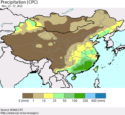 China, Mongolia and Taiwan Precipitation (CPC) Thematic Map For 11/21/2022 - 11/27/2022
