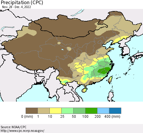 China, Mongolia and Taiwan Precipitation (CPC) Thematic Map For 11/28/2022 - 12/4/2022