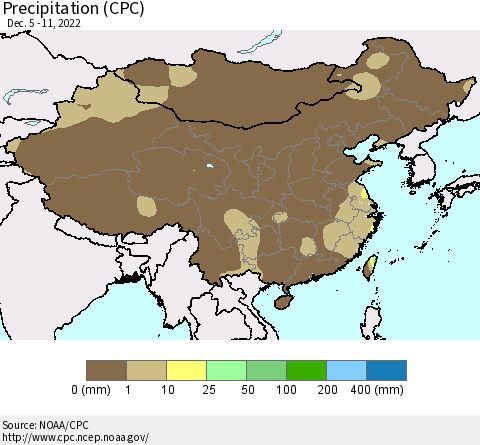 China, Mongolia and Taiwan Precipitation (CPC) Thematic Map For 12/5/2022 - 12/11/2022