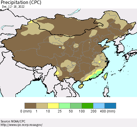 China, Mongolia and Taiwan Precipitation (CPC) Thematic Map For 12/12/2022 - 12/18/2022