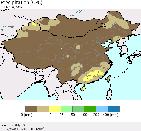 China, Mongolia and Taiwan Precipitation (CPC) Thematic Map For 1/2/2023 - 1/8/2023
