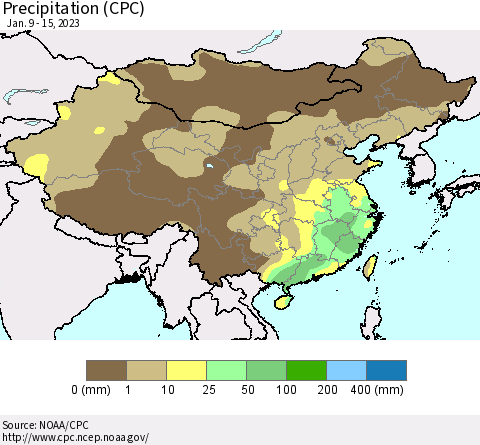 China, Mongolia and Taiwan Precipitation (CPC) Thematic Map For 1/9/2023 - 1/15/2023
