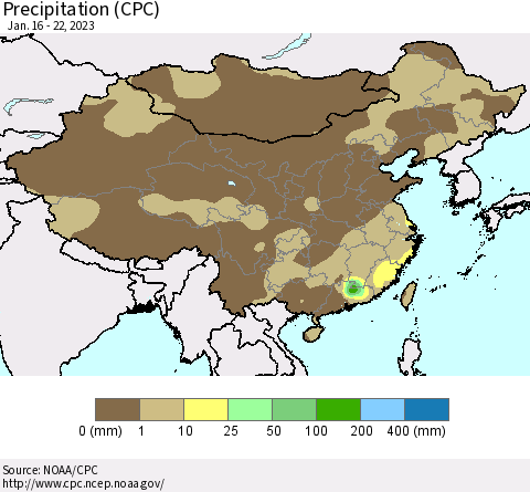 China, Mongolia and Taiwan Precipitation (CPC) Thematic Map For 1/16/2023 - 1/22/2023