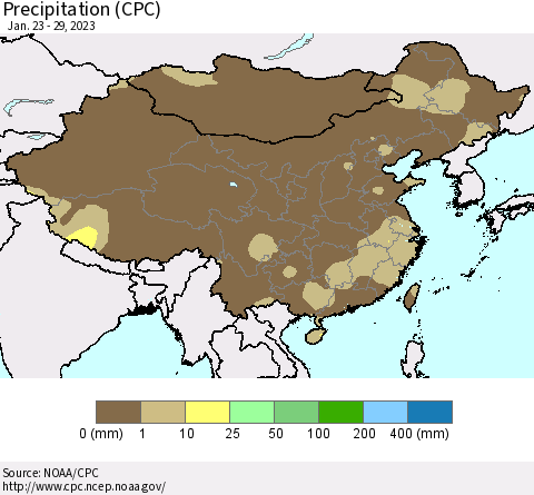 China, Mongolia and Taiwan Precipitation (CPC) Thematic Map For 1/23/2023 - 1/29/2023