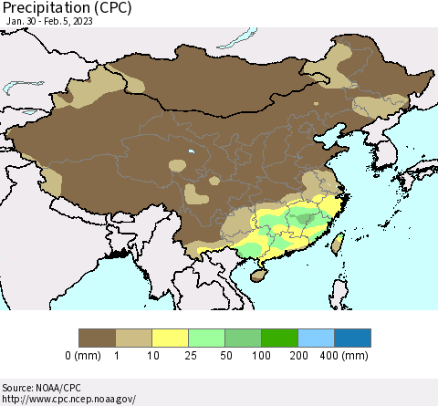 China, Mongolia and Taiwan Precipitation (CPC) Thematic Map For 1/30/2023 - 2/5/2023