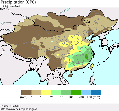 China, Mongolia and Taiwan Precipitation (CPC) Thematic Map For 2/6/2023 - 2/12/2023