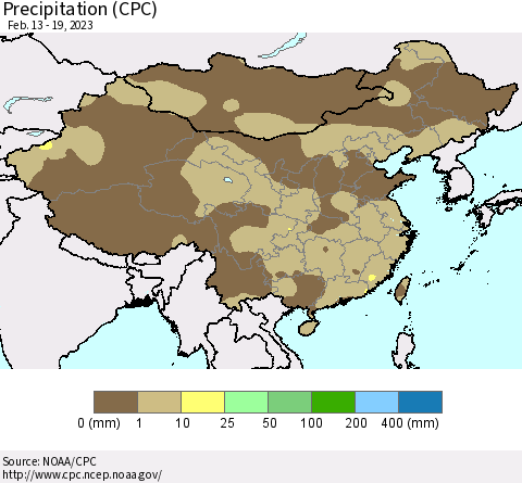 China, Mongolia and Taiwan Precipitation (CPC) Thematic Map For 2/13/2023 - 2/19/2023