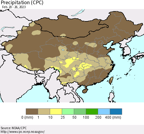 China, Mongolia and Taiwan Precipitation (CPC) Thematic Map For 2/20/2023 - 2/26/2023