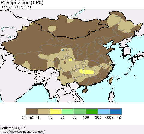 China, Mongolia and Taiwan Precipitation (CPC) Thematic Map For 2/27/2023 - 3/5/2023