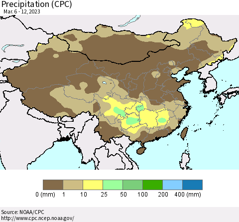 China, Mongolia and Taiwan Precipitation (CPC) Thematic Map For 3/6/2023 - 3/12/2023