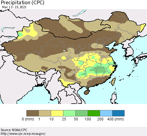 China, Mongolia and Taiwan Precipitation (CPC) Thematic Map For 3/13/2023 - 3/19/2023