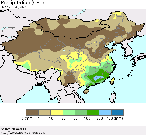 China, Mongolia and Taiwan Precipitation (CPC) Thematic Map For 3/20/2023 - 3/26/2023