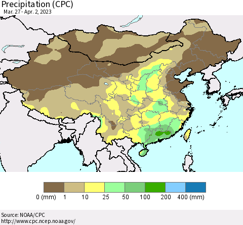 China, Mongolia and Taiwan Precipitation (CPC) Thematic Map For 3/27/2023 - 4/2/2023
