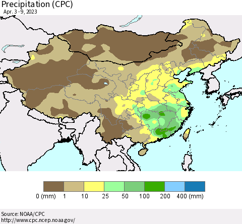 China, Mongolia and Taiwan Precipitation (CPC) Thematic Map For 4/3/2023 - 4/9/2023