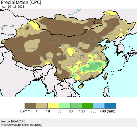 China, Mongolia and Taiwan Precipitation (CPC) Thematic Map For 4/10/2023 - 4/16/2023