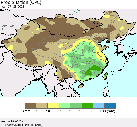 China, Mongolia and Taiwan Precipitation (CPC) Thematic Map For 4/17/2023 - 4/23/2023