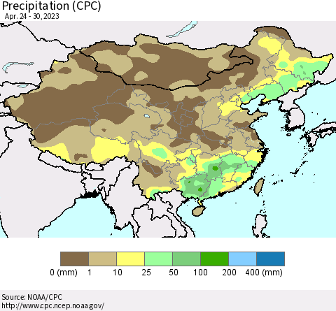 China, Mongolia and Taiwan Precipitation (CPC) Thematic Map For 4/24/2023 - 4/30/2023