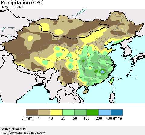 China, Mongolia and Taiwan Precipitation (CPC) Thematic Map For 5/1/2023 - 5/7/2023