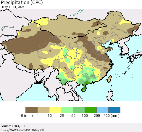 China, Mongolia and Taiwan Precipitation (CPC) Thematic Map For 5/8/2023 - 5/14/2023