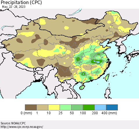 China, Mongolia and Taiwan Precipitation (CPC) Thematic Map For 5/22/2023 - 5/28/2023