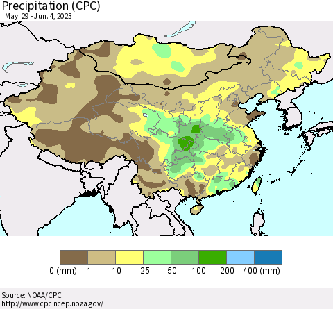 China, Mongolia and Taiwan Precipitation (CPC) Thematic Map For 5/29/2023 - 6/4/2023