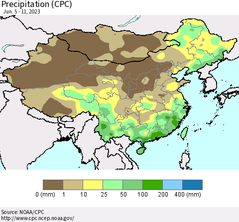 China, Mongolia and Taiwan Precipitation (CPC) Thematic Map For 6/5/2023 - 6/11/2023